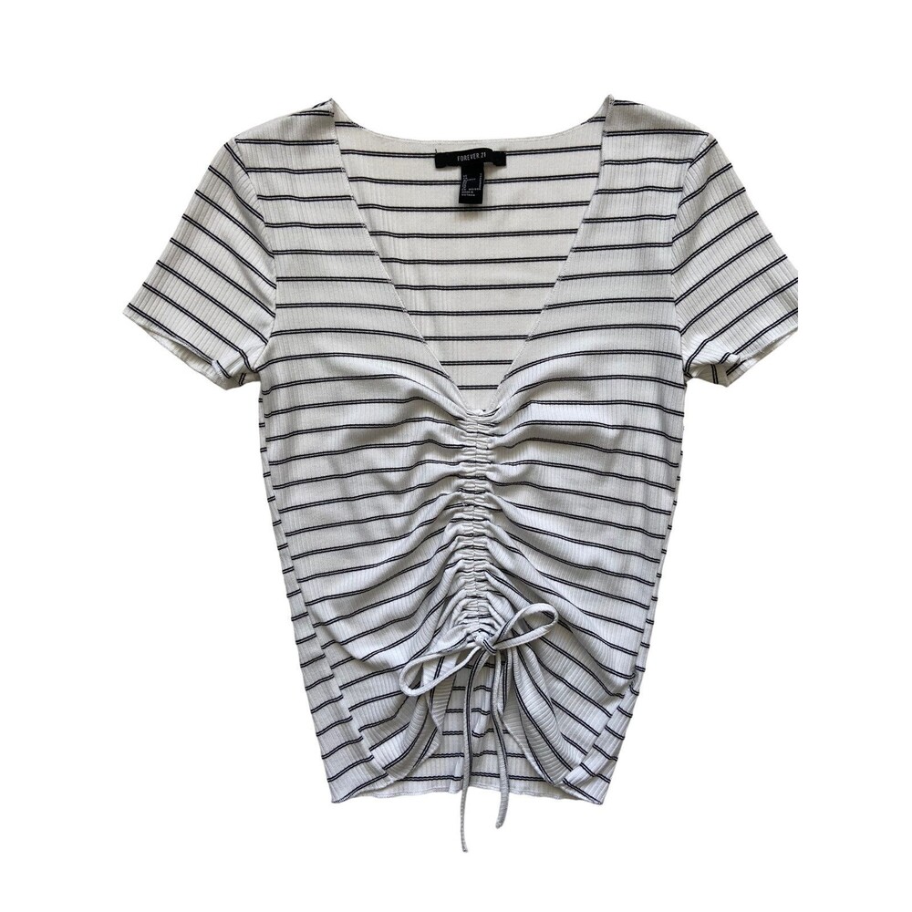 Y2K Ruched Front Top Women Size S Striped Ribbed Exposed Belly Crop Baby Tee 00s
